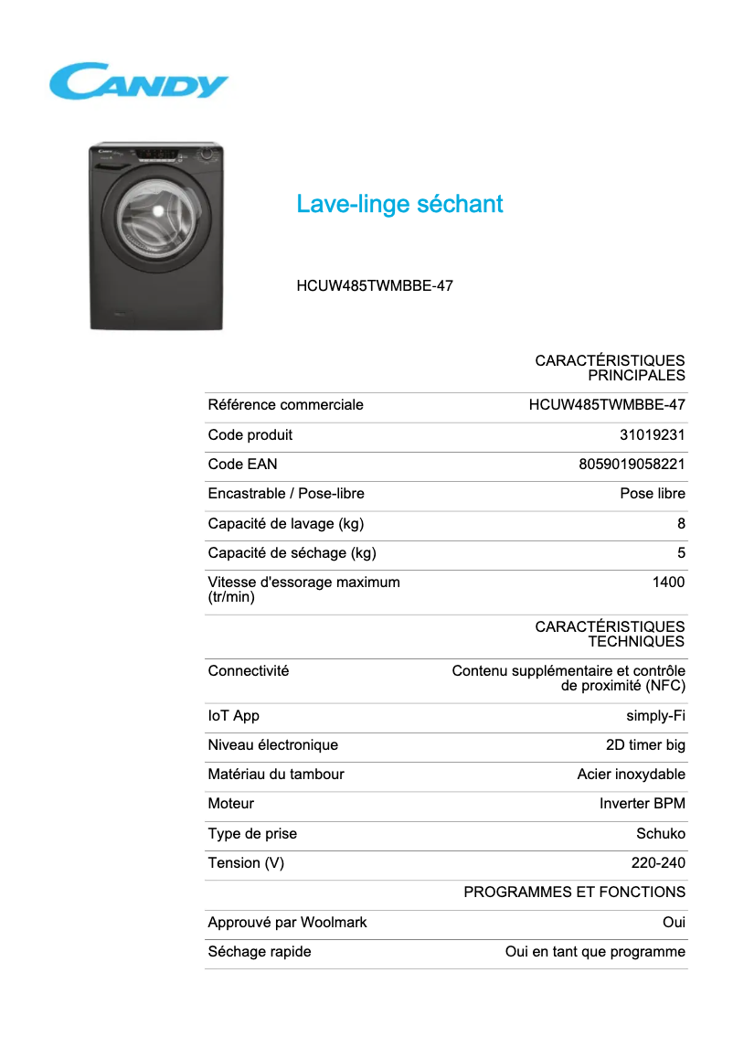 Page 1 de la notice Fiche technique Candy HCUW485TWMBBE-47