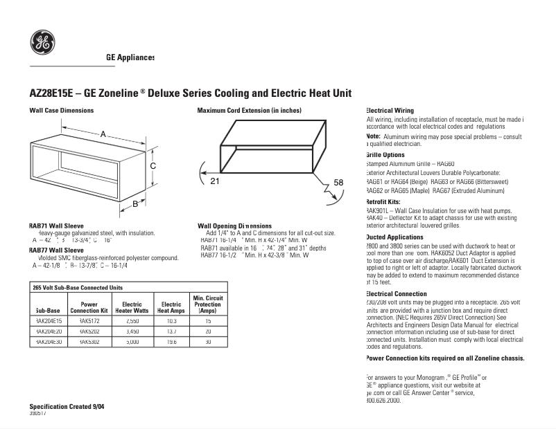 Page 1 de la notice Fiche technique GE AZ28E15EAB