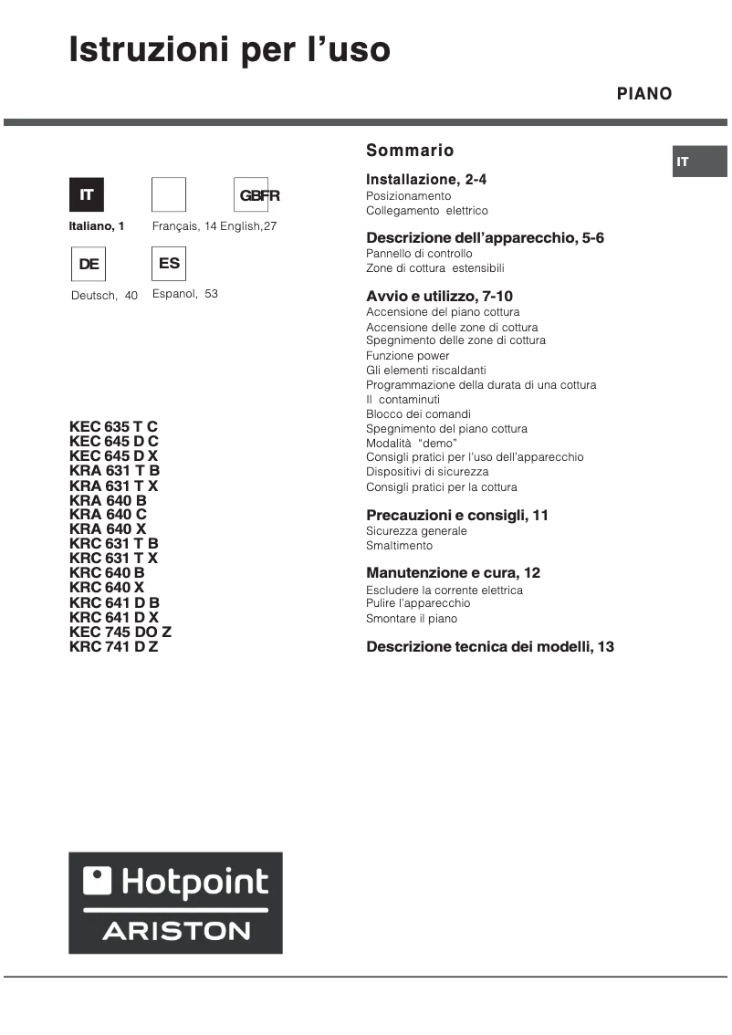 Page 1 de la notice Manuel utilisateur Hotpoint Ariston KRC 741 DZ