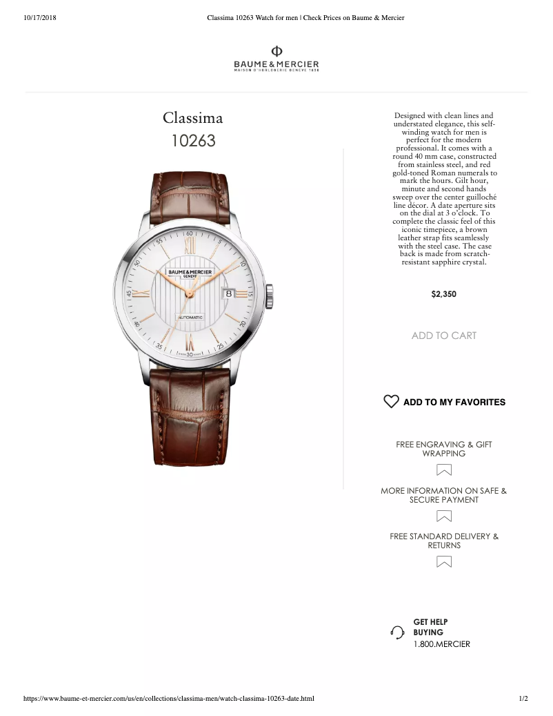 Page 1 de la notice Fiche technique Baume & Mercier Classima 10263