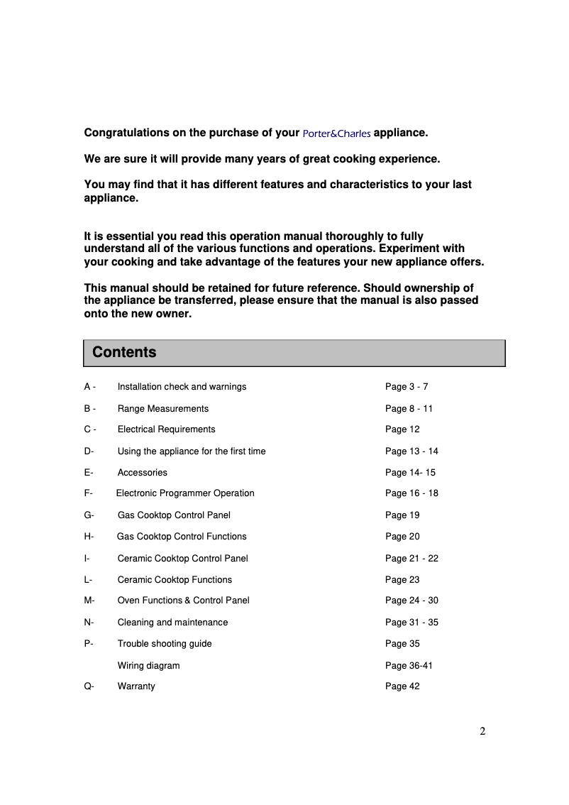 Page 1 de la notice Manuel utilisateur Porter & Charles FEC60B2