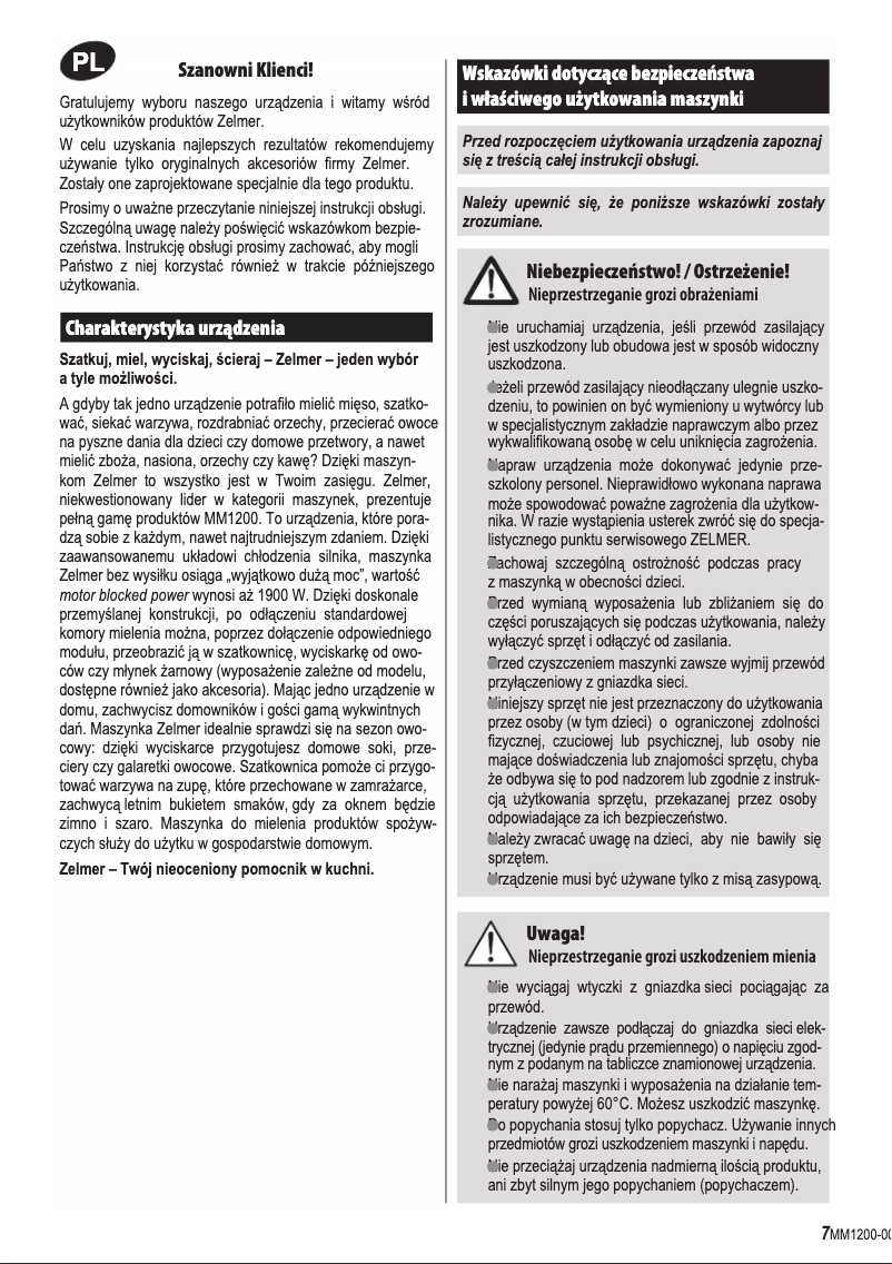 Page 1 de la notice Manuel utilisateur Zelmer MM1200
