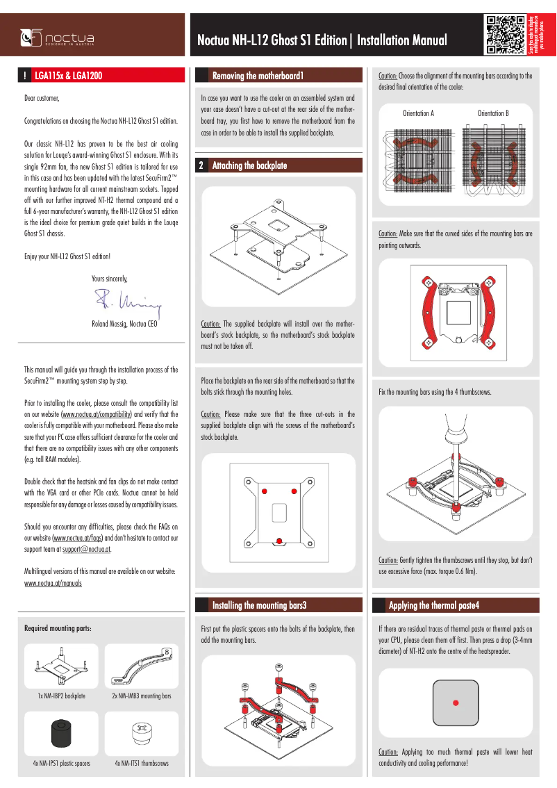 Page 1 de la notice Manuel utilisateur Noctua NH-L12 Ghost S1 Edition
