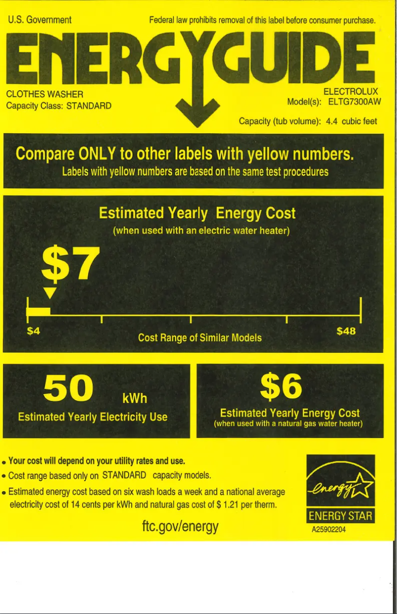 Page 1 de la notice Label énergétique Electrolux ELTG7300AW