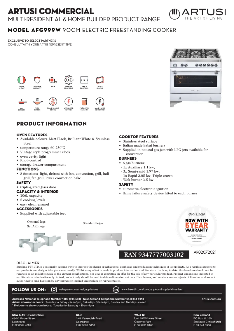 Page n°1 - Fiche technique Artusi AFG999W