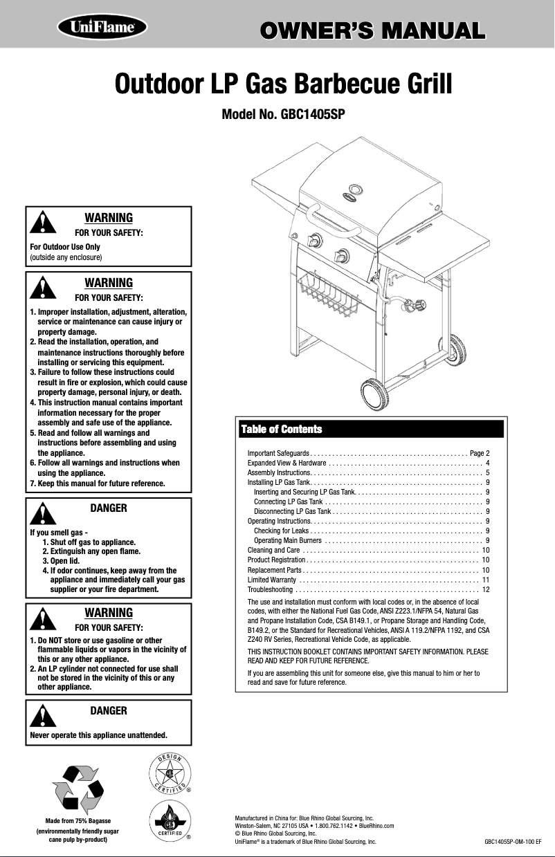 Page n°1 - Manuel utilisateur Uniflame GBC1405SP