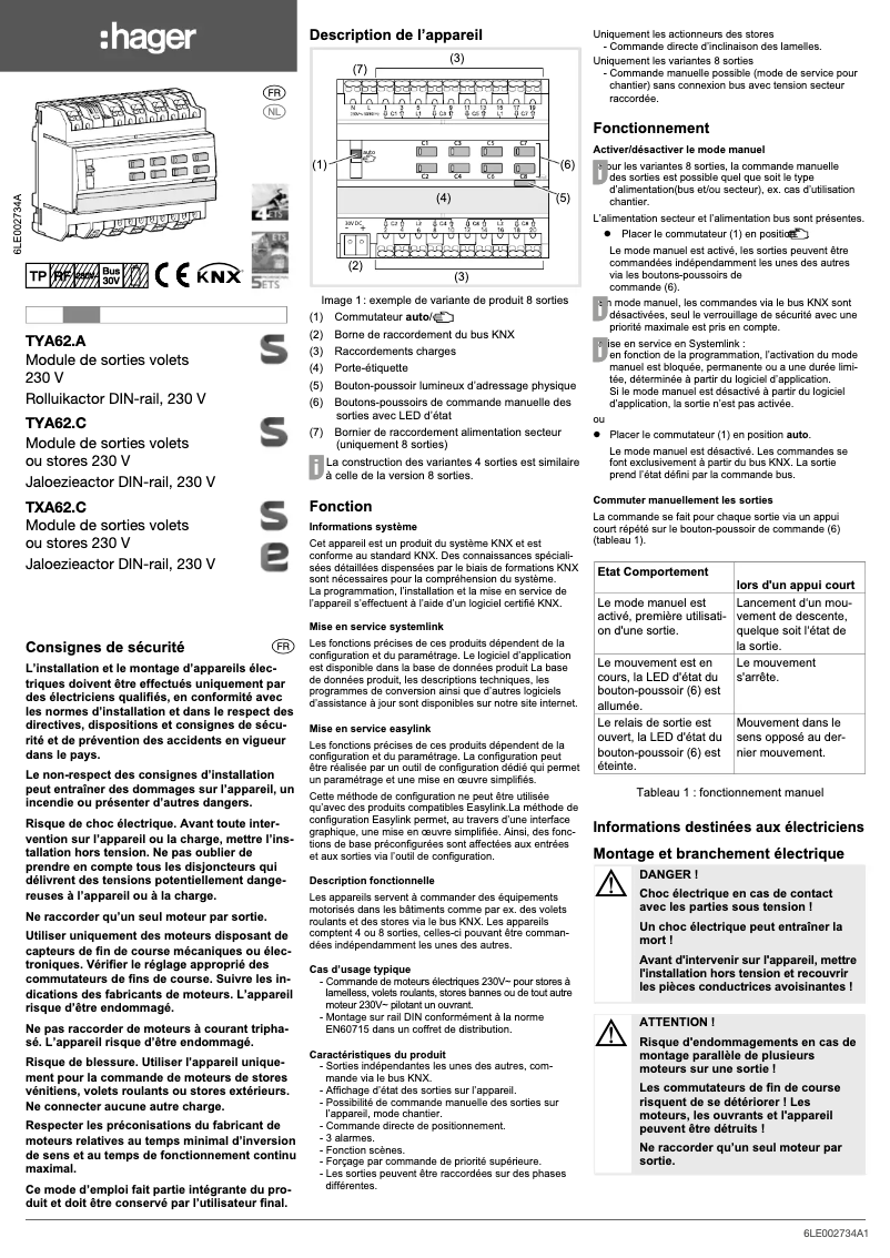 Page 1 de la notice Instructions / montage Hager TXA628C