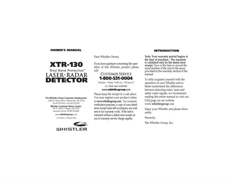 Page n°1 - Manuel utilisateur Whistler XTR-130