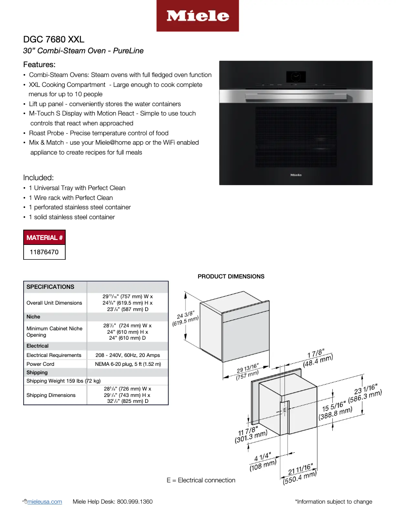 Page 1 of the manual Technical Sheet Miele DGC 7680 XXL