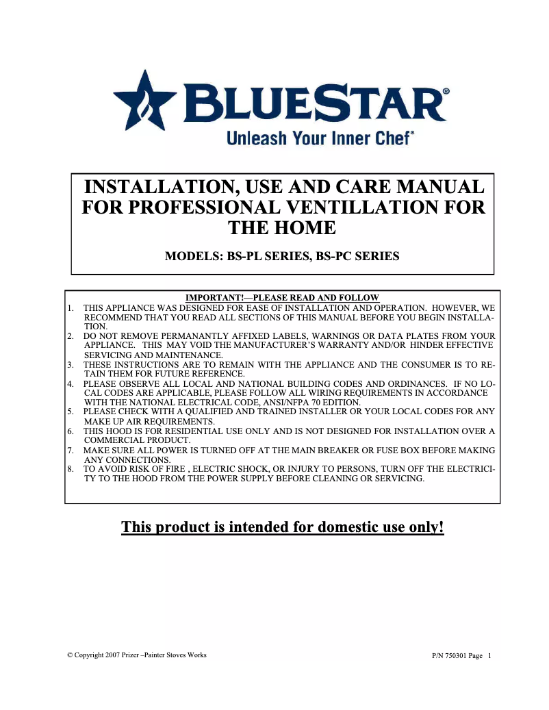 Page 1 de la notice Manuel utilisateur BlueStar PL042ML