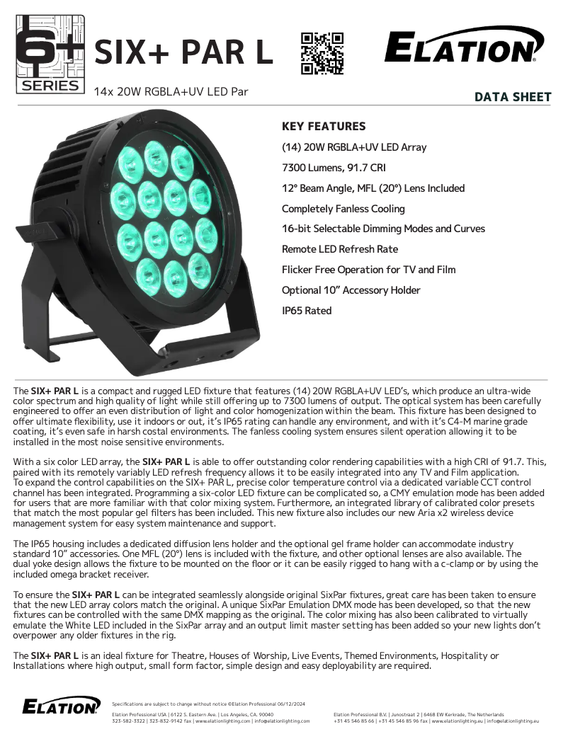 Page 1 de la notice Fiche technique Elation SIX+ PAR L