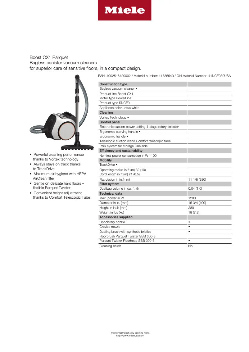 Page n°1 - Fiche technique Miele Boost CX1 Parquet