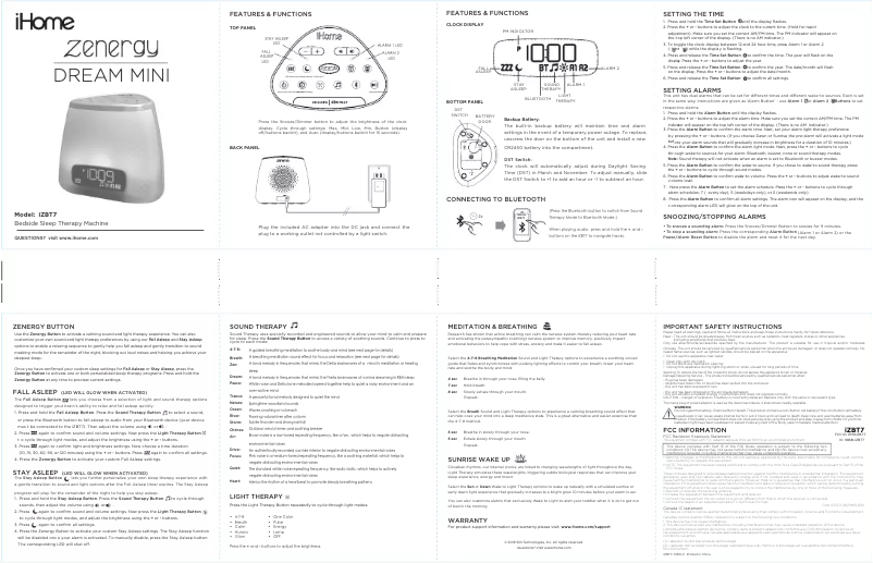 Page n°1 - Manuel utilisateur iHome Zenergy Dream Mini IZBT7