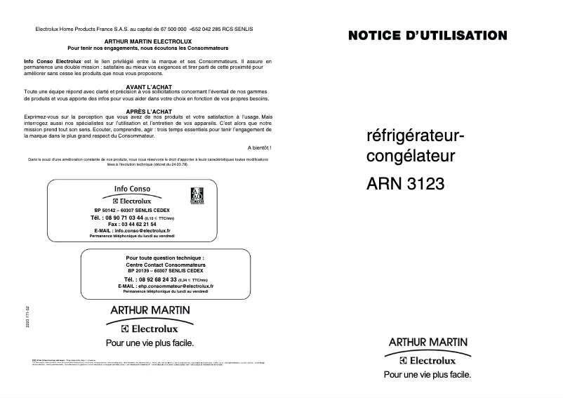 Page 1 de la notice Manuel utilisateur Arthur Martin-Electrolux ARN3123