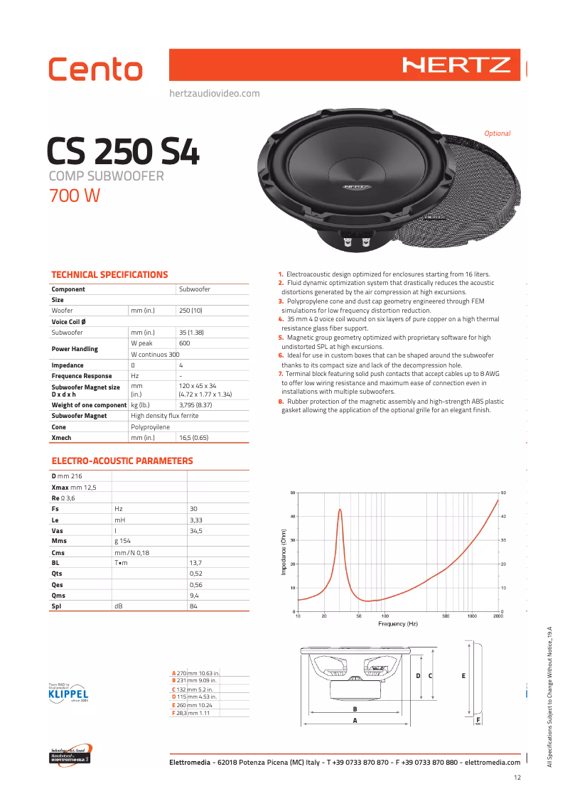 Page 1 de la notice Fiche technique Hertz Cento CS 250 S4