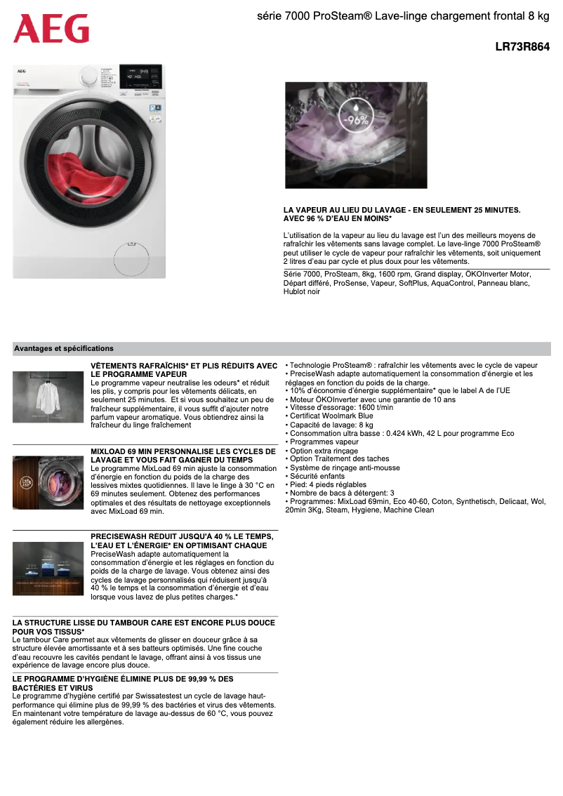 Page 1 de la notice Fiche technique AEG LR73R864
