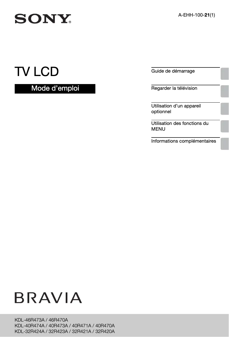 Page 1 de la notice Manuel utilisateur Sony KDL-40R473A