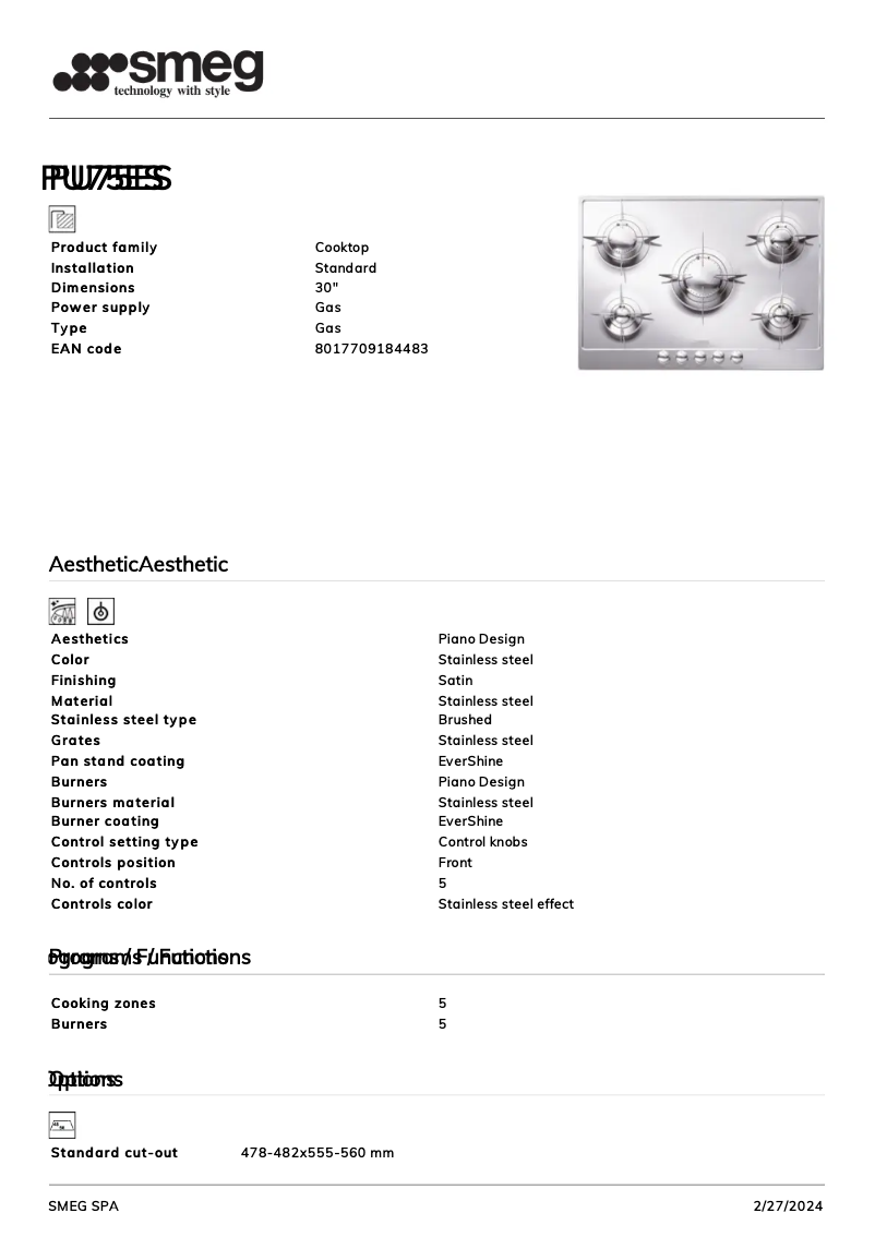 Page 1 de la notice Fiche technique Smeg PU75ES