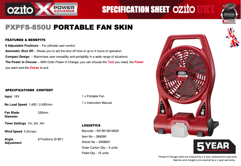 Page n°1 - Fiche technique Ozito PXPFS-850U