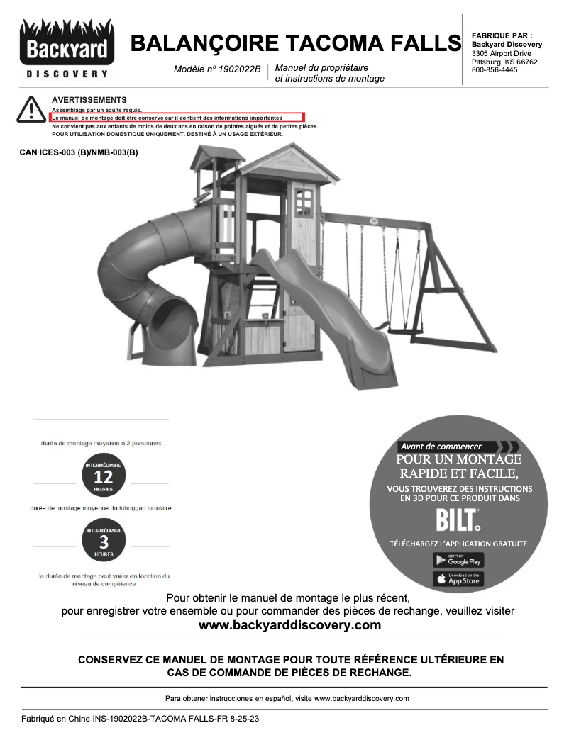 Page 1 de la notice Manuel utilisateur Backyard Discovery Tacoma Falls