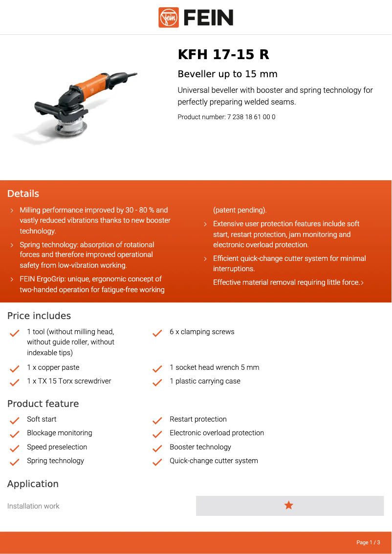 Page 1 de la notice Fiche technique Fein KFH 17-15 R