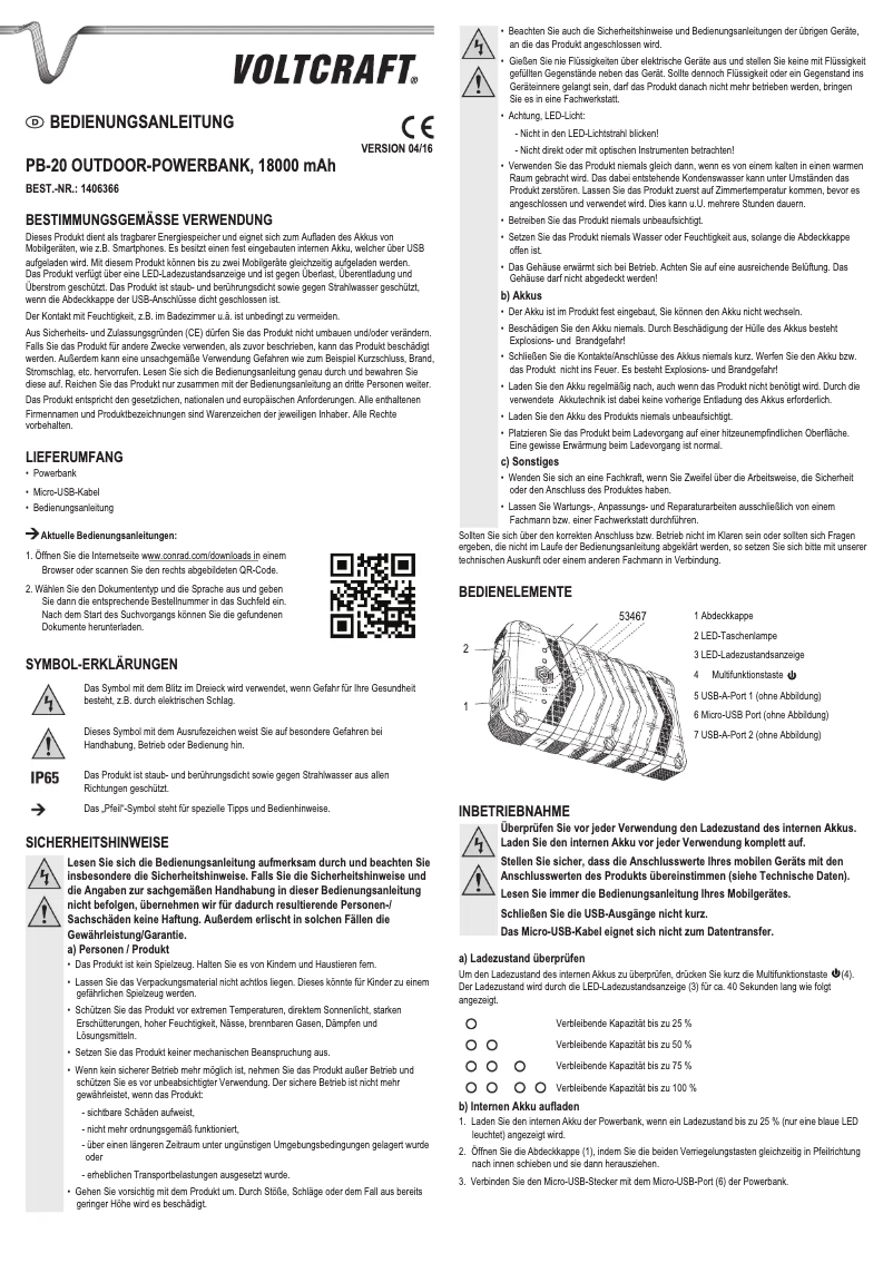 Page 1 de la notice Manuel utilisateur Voltcraft PB-20S