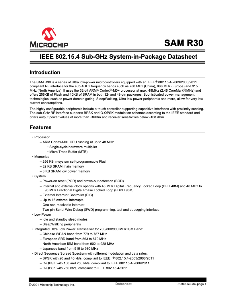 Página 1 del manual Ficha técnica Microchip ATSAMR30G18A
