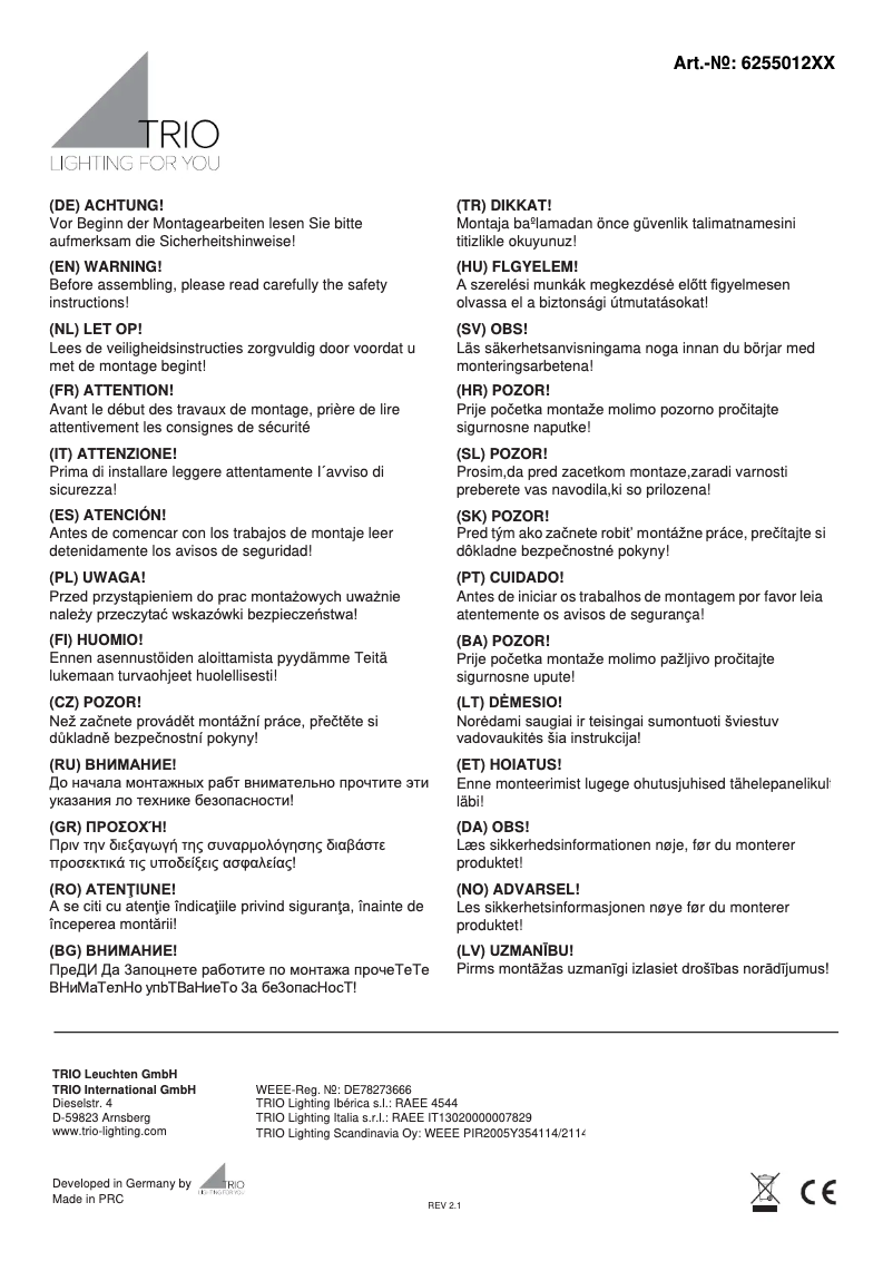 Page 1 de la notice Manuel utilisateur Trio Lighting Juno 625501231