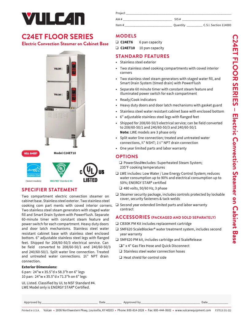 Page 1 de la notice Fiche technique Vulcan C24ET6-PS