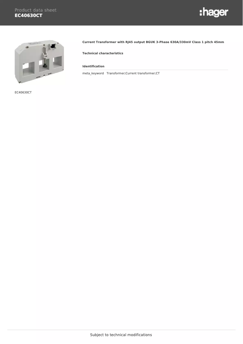 Page n°1 - Fiche technique Hager EC40630CT