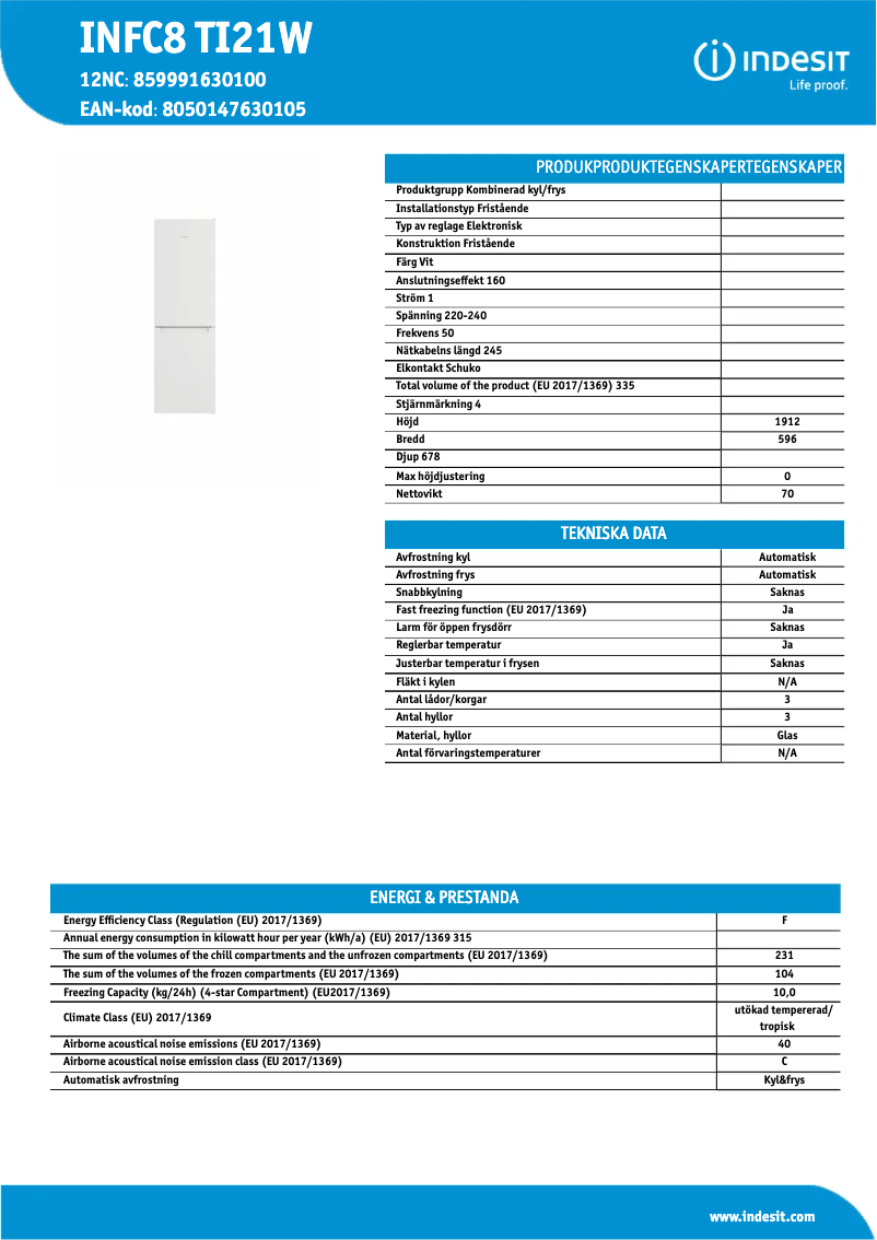 Page 1 de la notice Fiche technique Indesit INFC8 TI21W