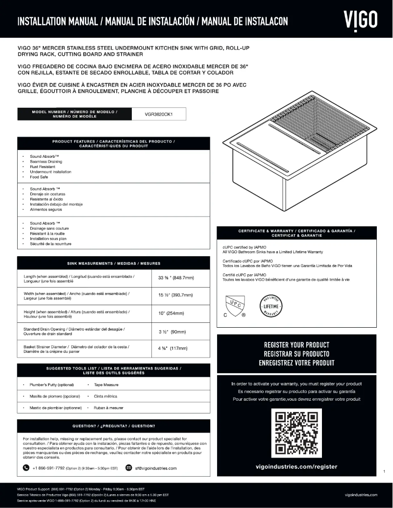 Page n°1 - Guide d'installation Vigo Mercer VGR3620CK1