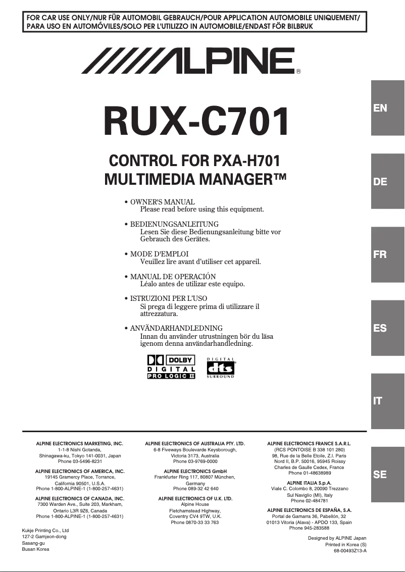 Page n°1 - Manuel utilisateur Alpine RUX-C701