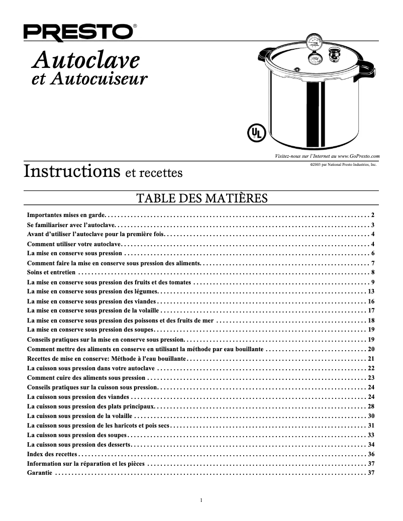 Page n°1 - Manuel utilisateur Presto 01755