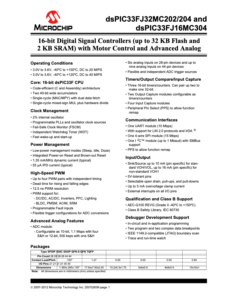Página 1 del manual Ficha técnica Microchip dsPIC33FJ16MC304