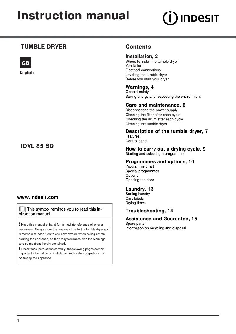 Page n°1 - Mode d'emploi Indesit IDVL 85 SD (UK)