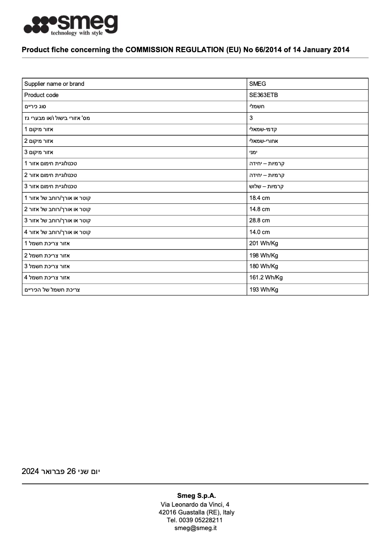 Page 1 de la notice Fiche technique Smeg SE363ETB
