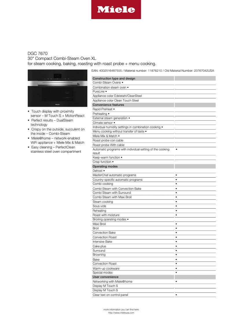 Page n°1 - Fiche technique Miele DGC 7670