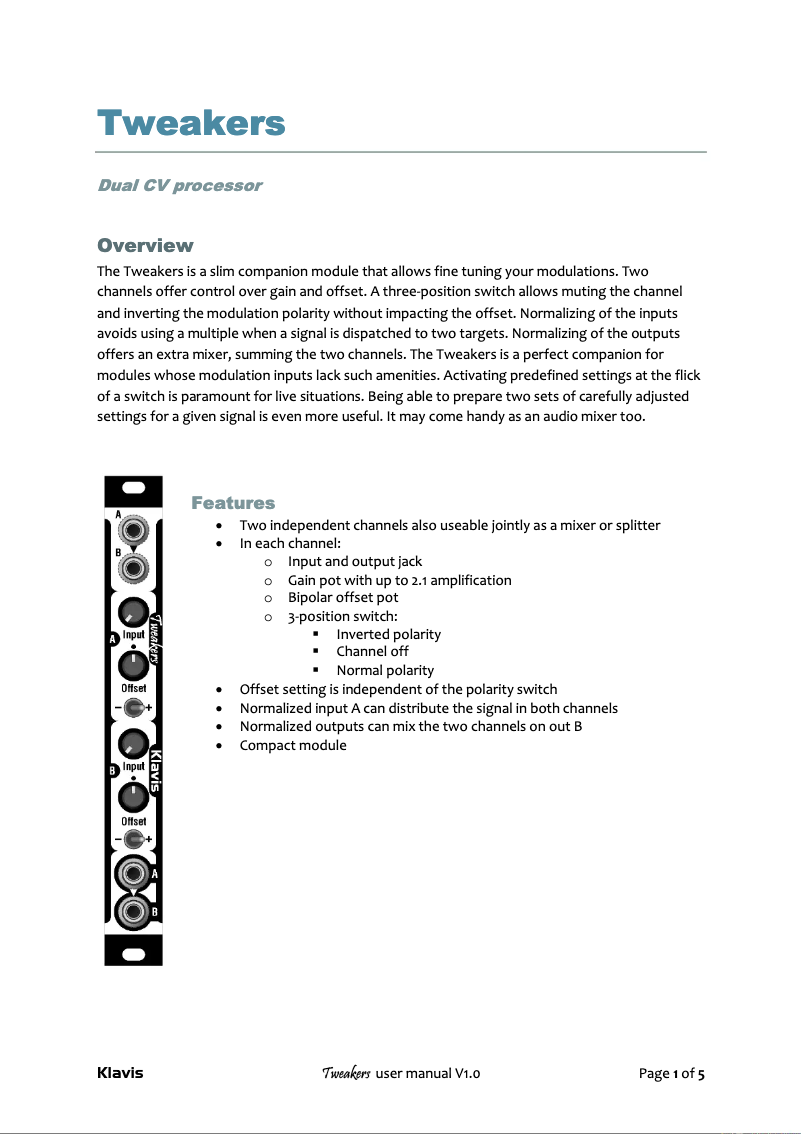 Page n°1 - Manuel utilisateur Klavis Dual CV