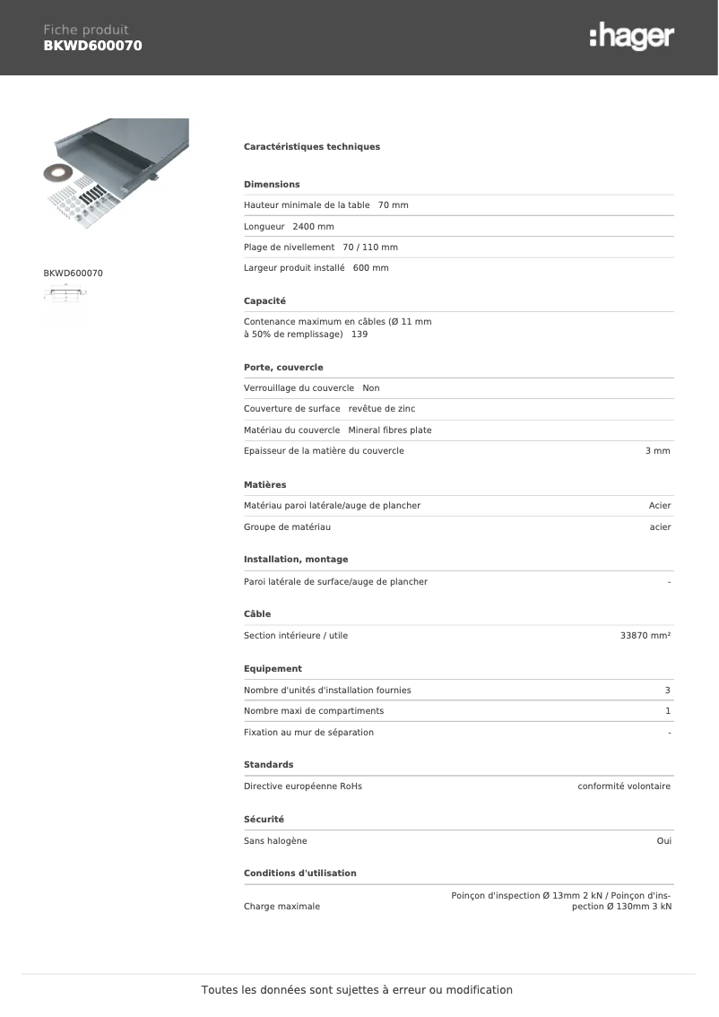 Page 1 de la notice Fiche technique Hager BKWD600070