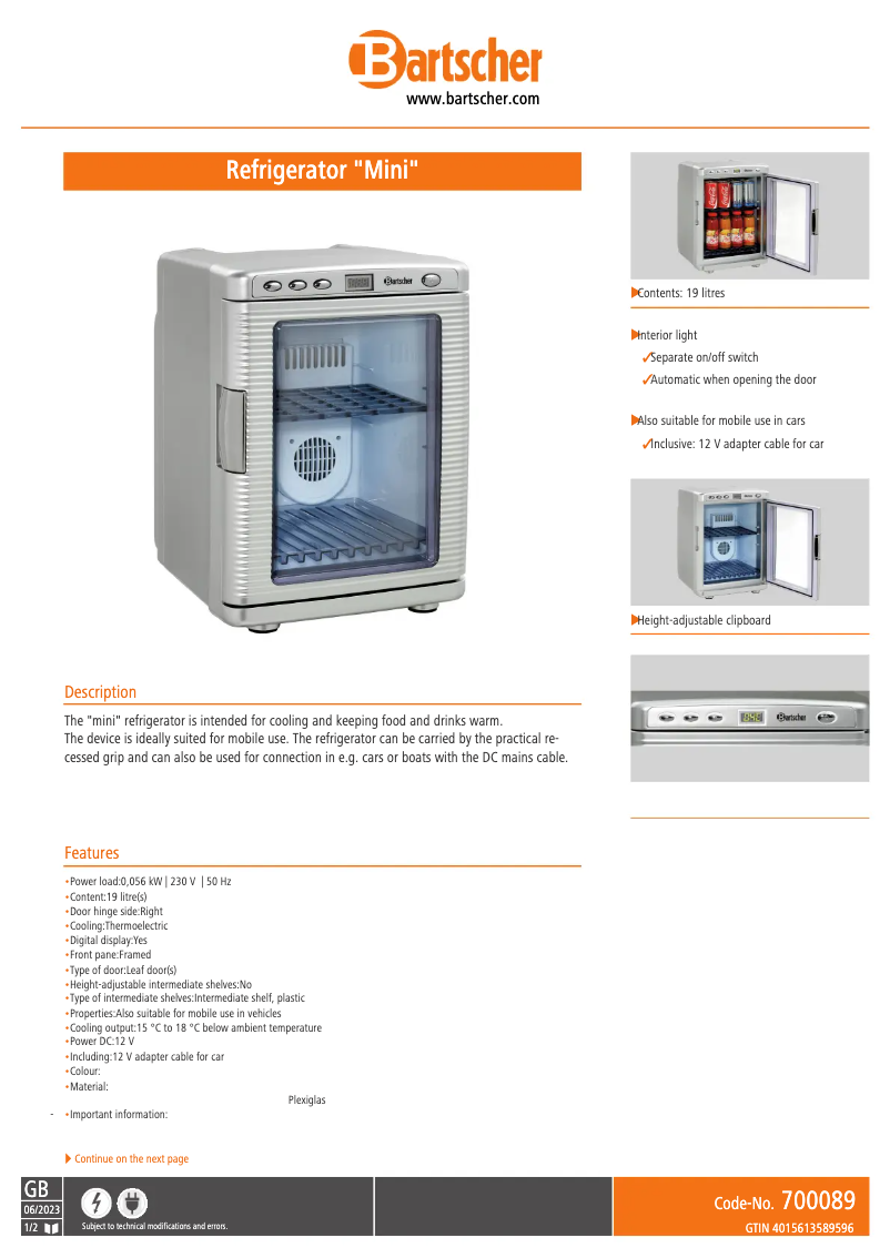 Page n°1 - Fiche technique Bartscher 700089