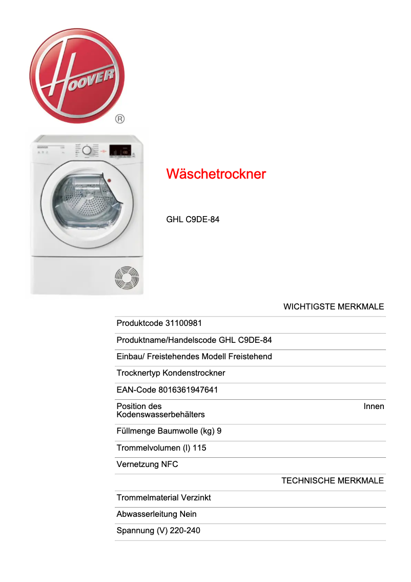 Página 1 del manual Manual de usuario Hoover GHL C9DE-84