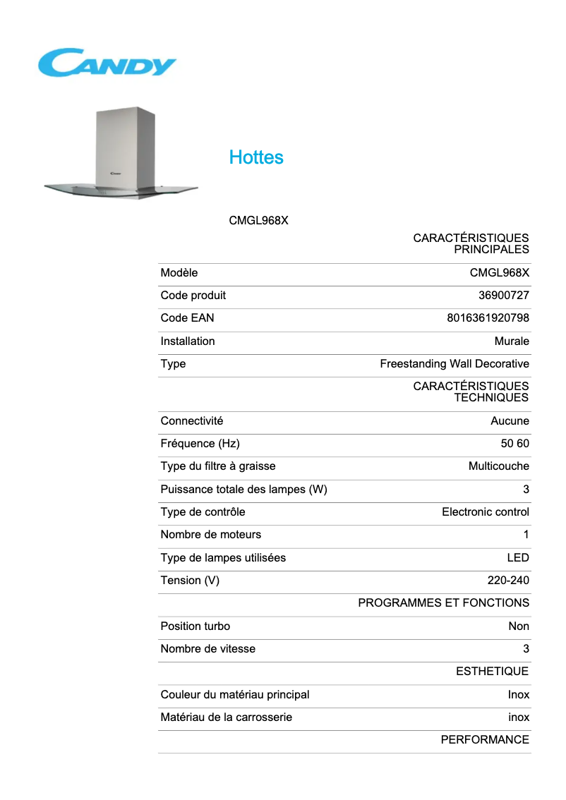 Page 1 de la notice Fiche technique Candy CMGL968X