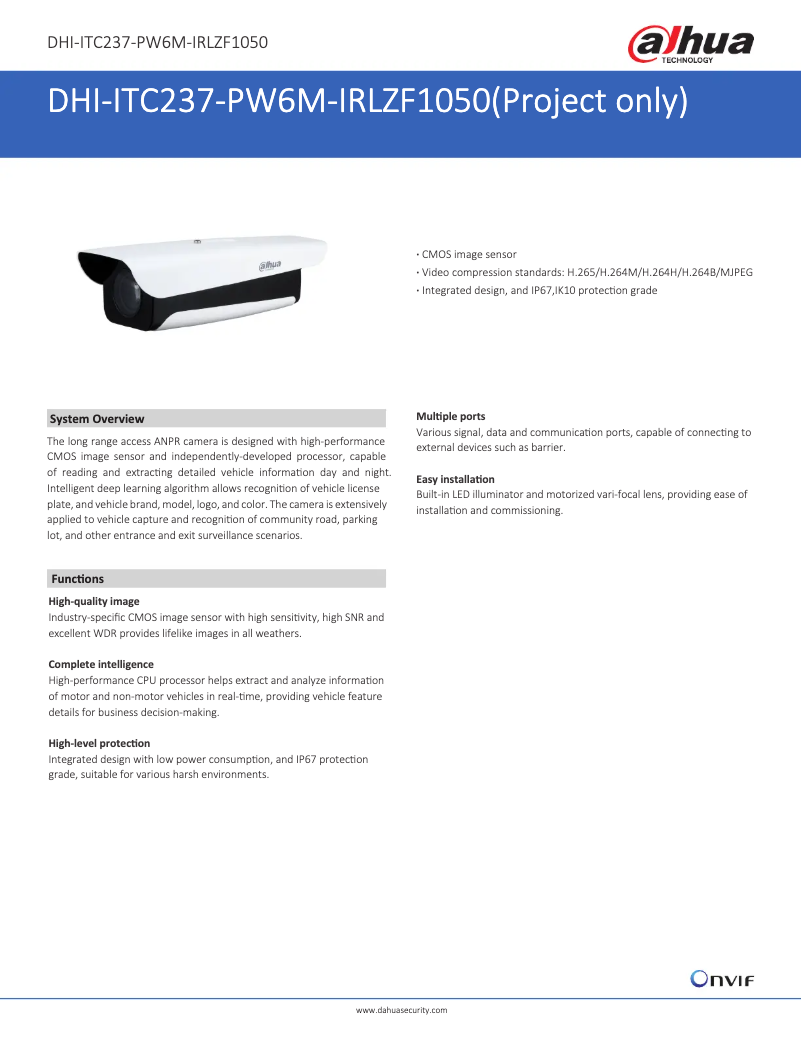 Page 1 de la notice Fiche technique Dahua Technology ITC237-PW6M-IRLZF1050