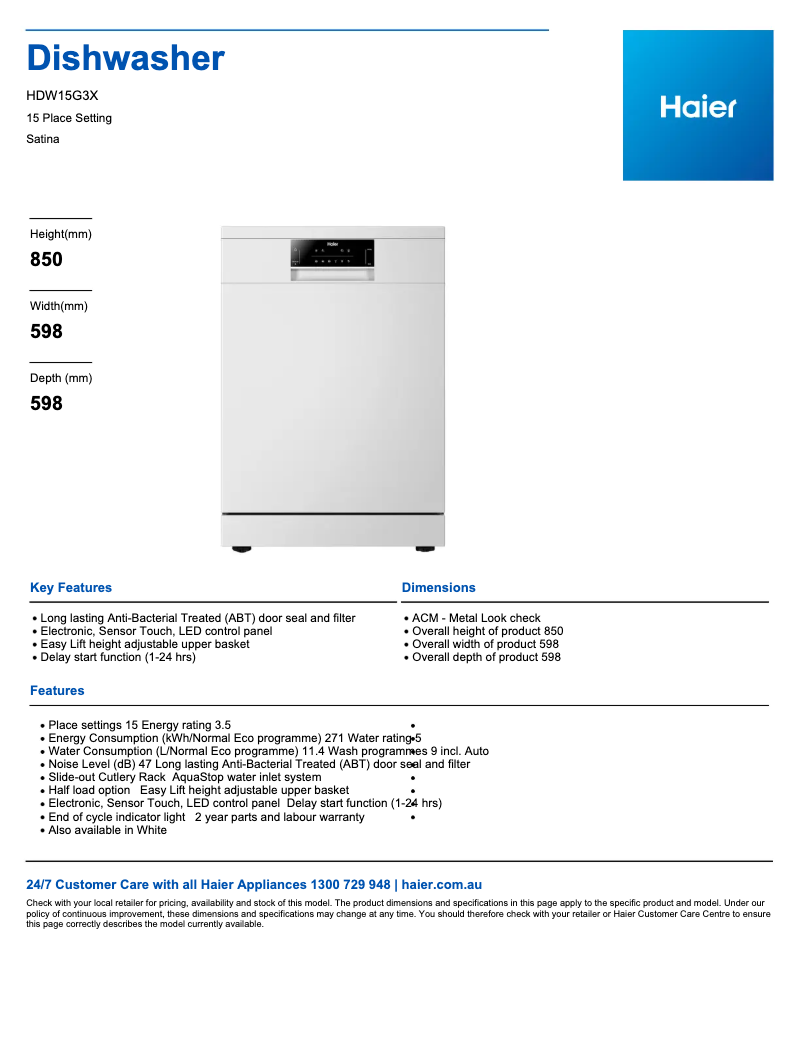 Page 1 de la notice Fiche technique Haier HDW15G3X