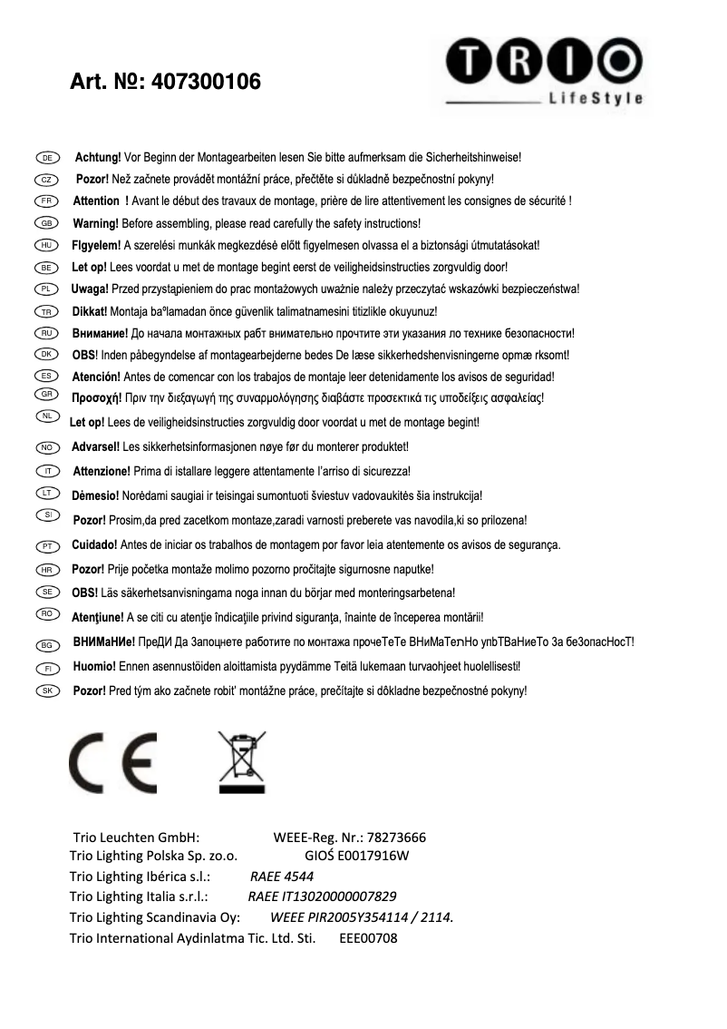 Page n°1 - Manuel utilisateur Trio Lighting Antwerp