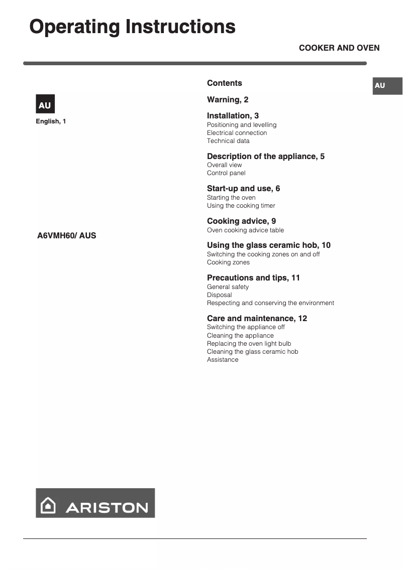 Page 1 de la notice Manuel utilisateur Ariston Thermo A6VMH60WAUS