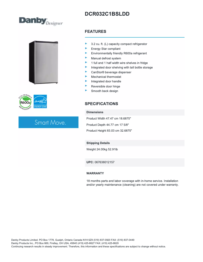 Página 1 del manual Ficha técnica Danby DCR032C1