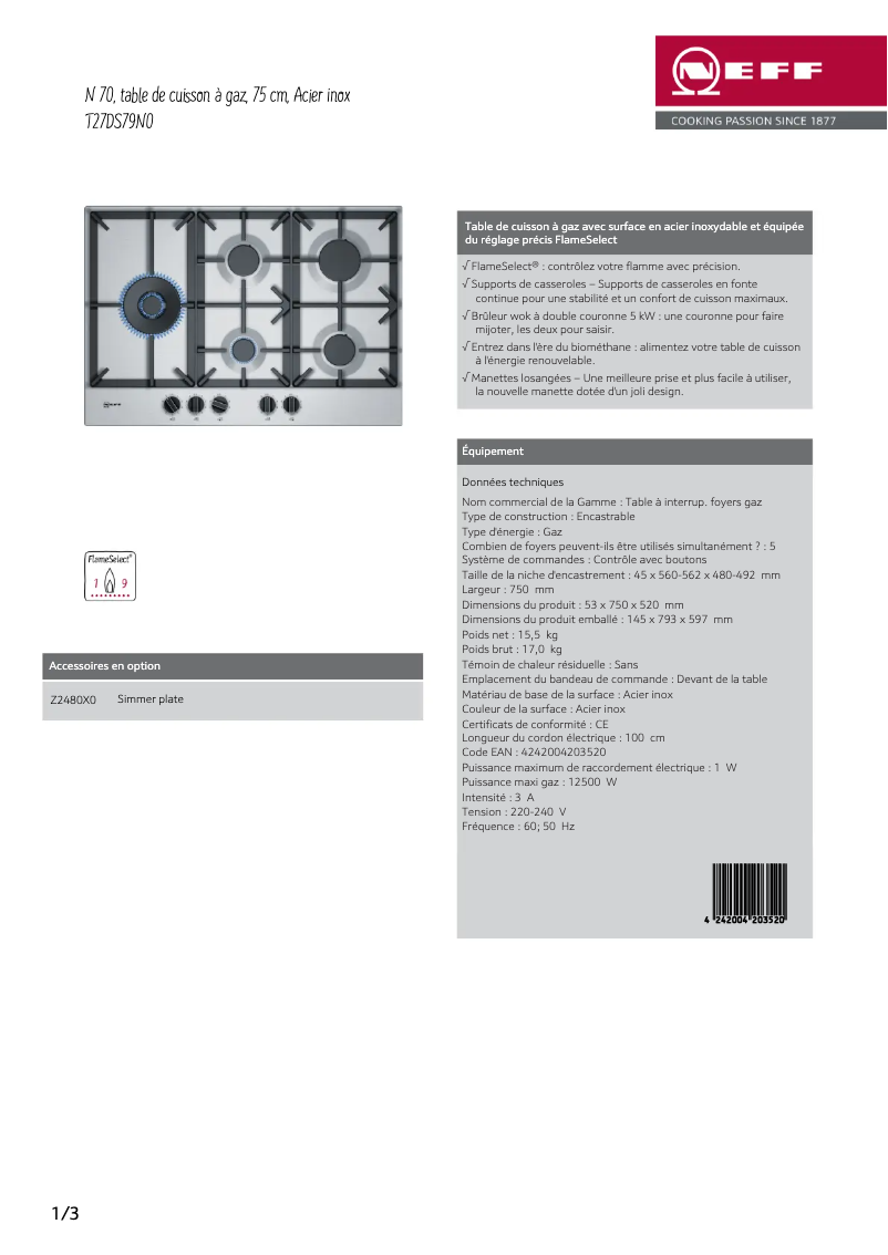 Page n°1 - Fiche technique Neff T27DS79N0