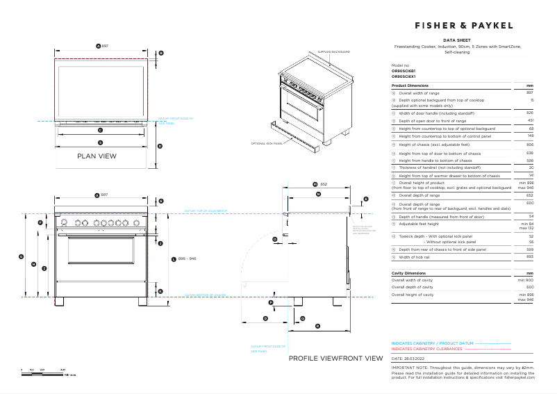 Page 1 de la notice Fiche technique Fisher & Paykel OR90SDI6X1